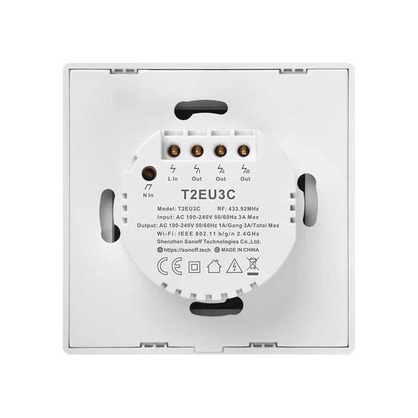 Sonoff TX T2 EU 3C WiFi + RF vezérlésű, távvezérelhető, érintős hármas csillár villanykapcsoló