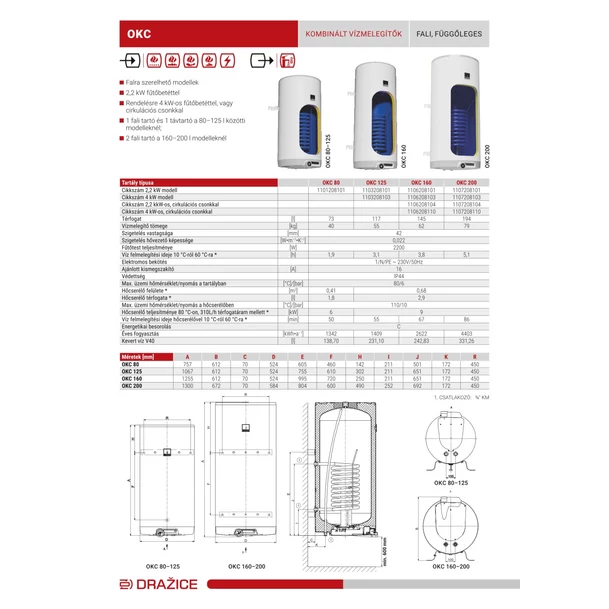 Drazice OKC 160 fali, 1 hőcserélős indirekt tároló 2,2kW fűtőbetéttel