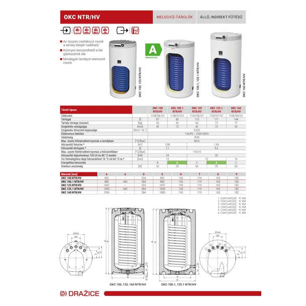Drazice OKC 125 NTR/HV álló, felső bekötésű, 1 hőcserélős indirekt tároló
