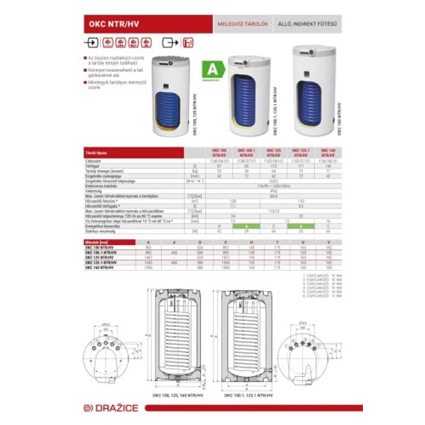 Drazice OKC 160 NTR/HV álló, felső bekötésű, 1 hőcserélős indirekt tároló