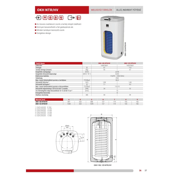 Drazice OKH 125 NTR/HV álló, felső bekötésű, 1 hőcserélős, szögletes indirekt tároló
