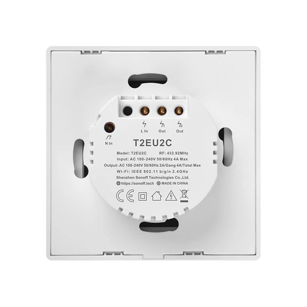 Sonoff TX T2 EU 2C WiFi + RF vezérlésű, távvezérelhető, érintős dupla/csillár villanykapcsoló