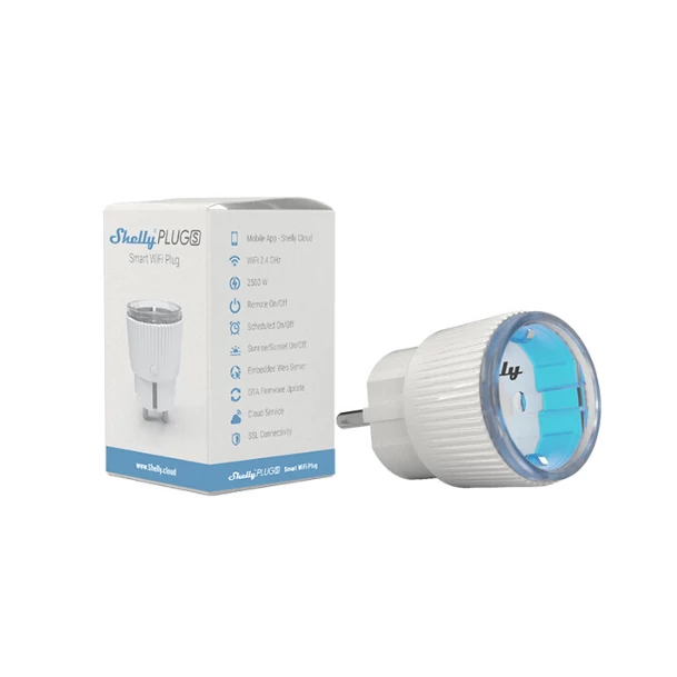 Shelly Plug S WiFi-s, interneten át vezérelhető okoskonnektor, fogyasztásmérővel